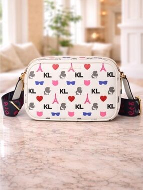 Karl Lagerfeld White Crossbody with Pink, Red and Blue Motifs